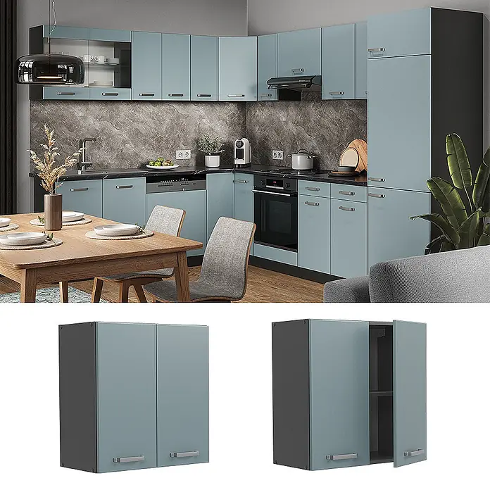 Vicco Schrankküche R-Line Blau-Grau - Blau-Grau, Hängeschrank 60 cm - Blaugrauer Küchen-Hängeschrank mit dunkelgrauen Seiten und silbernen Griffen, geschlossen und offen gezeigt.