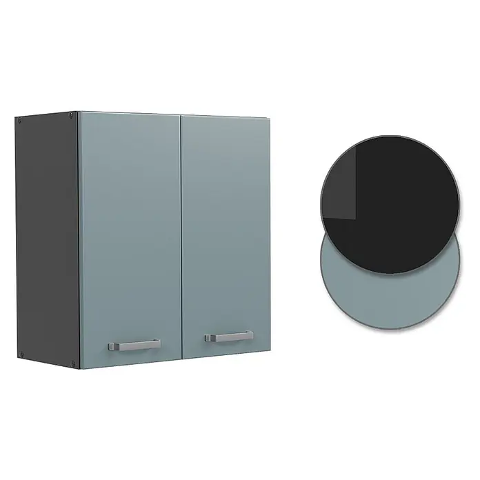 Vicco Schrankküche R-Line Blau-Grau - Blau-Grau, Hängeschrank 60 cm - Doppeltüriger Hängeschrank mit graublauen Fronten, dunkelgrauen Seiten und silbernen Griffen.