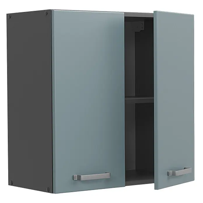 Vicco Schrankküche R-Line Blau-Grau - Blau-Grau, Hängeschrank 60 cm - Zweitüriger Hängeschrank mit dunkelgrauem Korpus und hellblau-grauen Türen, eine offen, mit silbernen Griffen.