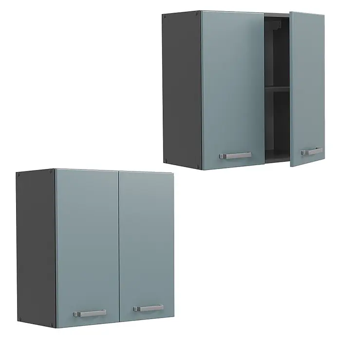 Vicco Schrankküche R-Line Blau-Grau - Blau-Grau, Hängeschrank 60 cm - Zwei blau-graue Hängeschränke mit dunkelgrauen Seiten und silbernen Griffen. Einer geschlossen, der andere offen mit einem Fachboden.