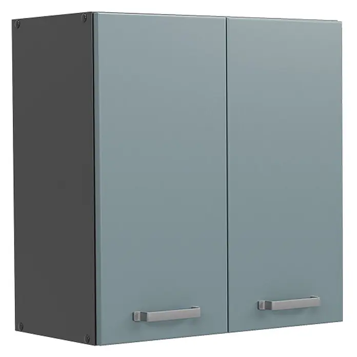 Vicco Schrankküche R-Line Blau-Grau - Blau-Grau, Hängeschrank 60 cm - Zweitüriger Hängeschrank mit dunkelgrauen Seiten und hellblaugrauen Fronten, mit silberfarbenen Griffen.