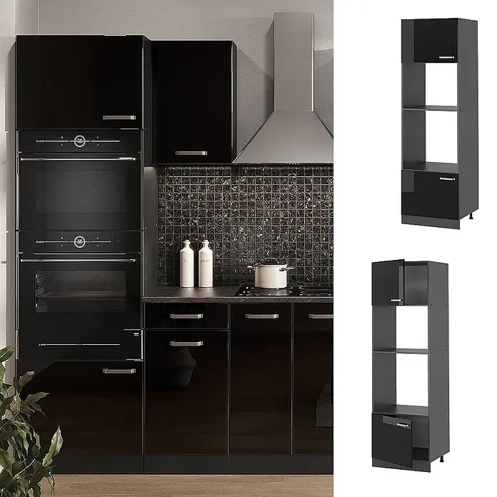 Vicco Schrankküche R-Line Schwarz Hochglanz - Schwarz Hochglanz, Mikrowellenschrank - Schwarzer Hochglanz-Küchenschrank für Backofen und Mikrowelle, in moderner Küche und als Einzelmodul.