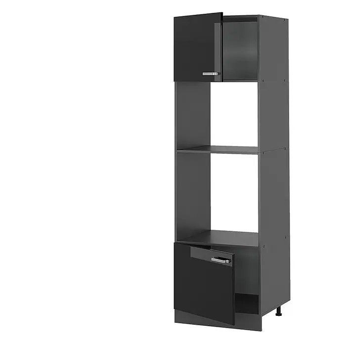 Vicco Schrankküche R-Line Schwarz Hochglanz - Schwarz Hochglanz, Mikrowellenschrank - Hoher dunkelgrauer Küchenschrank mit glänzenden schwarzen Türen, oben und unten offen, und zwei offenen Regalböden in der Mitte.