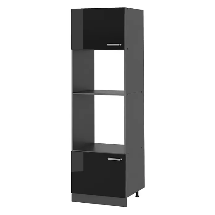 Vicco Schrankküche R-Line Schwarz Hochglanz - Schwarz Hochglanz, Mikrowellenschrank - Hoher dunkelgrauer Küchenschrank mit zwei schwarzen Hochglanztüren und offenen Fächern für Einbaugeräte.