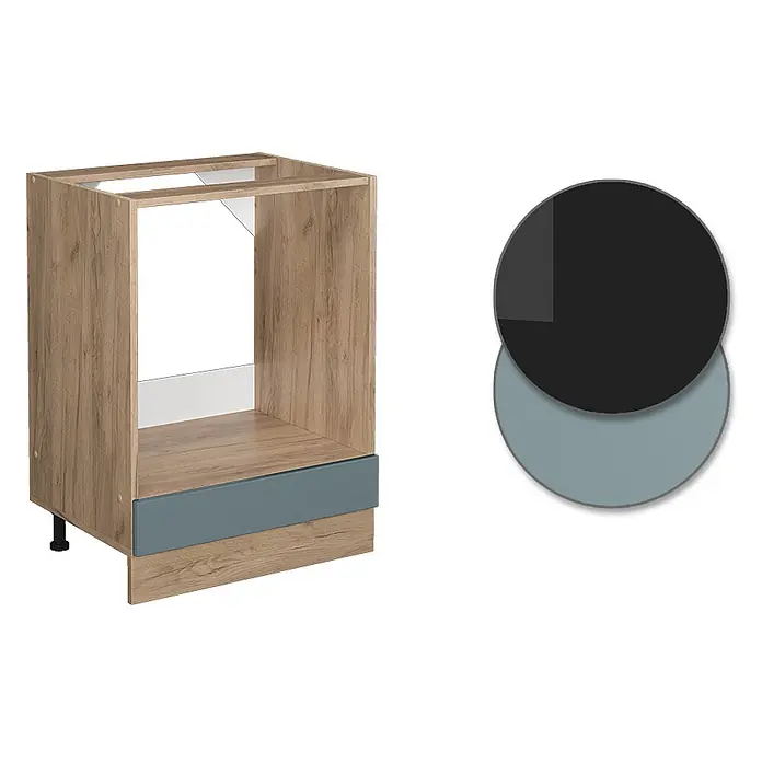 Vicco Schrankküche R-Line Blau-Grau, AP Eiche - Blau-Grau, Herdumbauschrank 60 cm, AP Eiche - Heller Küchenunterschrank in Holzoptik mit offener Oberseite, blau-grauer Akzentblende und Farbmustern in Schwarz und Blau-Grau.