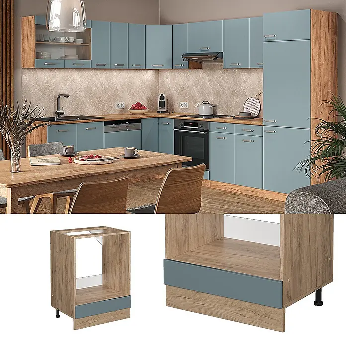 Vicco Schrankküche R-Line Blau-Grau, AP Eiche - Blau-Grau, Herdumbauschrank 60 cm, AP Eiche - Unterschrank für Backofen in Holzoptik mit blauer Schublade, Teil einer modernen Küche mit passenden Schränken.