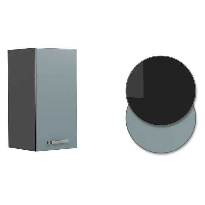 Vicco Schrankküche R-Line Blau-Grau - Blau-Grau, Hängeschrank 30 cm - Zweifarbiger Hängeschrank mit dunkelgrauem Korpus und hellblau-grauer Tür, silberner Griff.