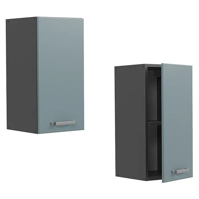 Vicco Schrankküche R-Line Blau-Grau - Blau-Grau, Hängeschrank 30 cm - Vertikaler Wandschrank: dunkelgrauer Korpus, hellblau-graue Tür, mit silbernem Griff, geschlossen und geöffnet mit Fächern gezeigt.