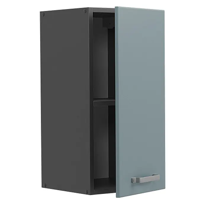 Vicco Schrankküche R-Line Blau-Grau - Blau-Grau, Hängeschrank 30 cm - Dunkelgrauer Wandschrank mit hellblau-grauer Tür, teilweise geöffnet, zeigt ein Innenfach und grauen Griff.