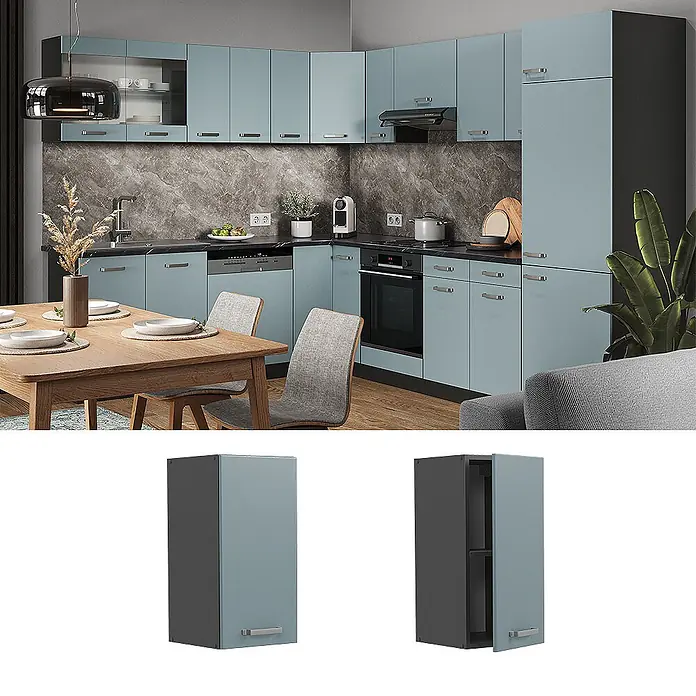 Vicco Schrankküche R-Line Blau-Grau - Blau-Grau, Hängeschrank 30 cm - Hellblaue Küchenschränke mit dunkelgrauen Elementen in einer funktionalen Küche.