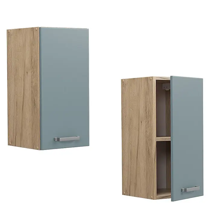 Vicco Schrankküche R-Line Blau-Grau - Blau-Grau, Hängeschrank 30 cm - Zwei Hängeschränke mit hellen Holz-Seiten und hellblauen Türen; einer geschlossen, einer offen mit Einlegeboden.