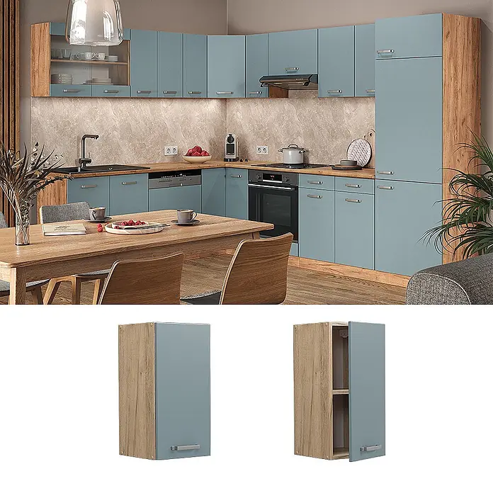 Vicco Schrankküche R-Line Blau-Grau - Blau-Grau, Hängeschrank 30 cm - Moderne Küche mit blaugrauen und holzfarbenen Schränken, Ober- und Unterschränken, integrierten Geräten und Essbereich.