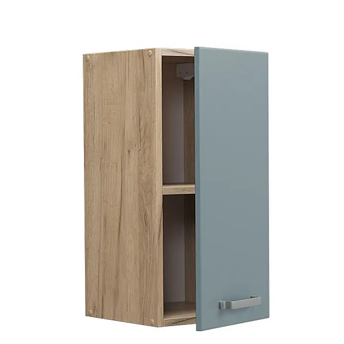 Vicco Schrankküche R-Line Blau-Grau - Blau-Grau, Hängeschrank 30 cm - Wandschrank in heller Holzoptik mit einem Einlegeboden und einer hellblau-grauen Tür mit Griff, leicht geöffnet.