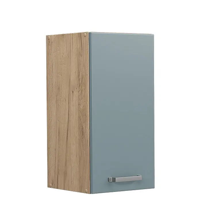 Vicco Schrankküche R-Line Blau-Grau - Blau-Grau, Hängeschrank 30 cm - Wandschrank mit Holzoptik-Seitenwand und taubenblauer Tür mit silbernem Griff.