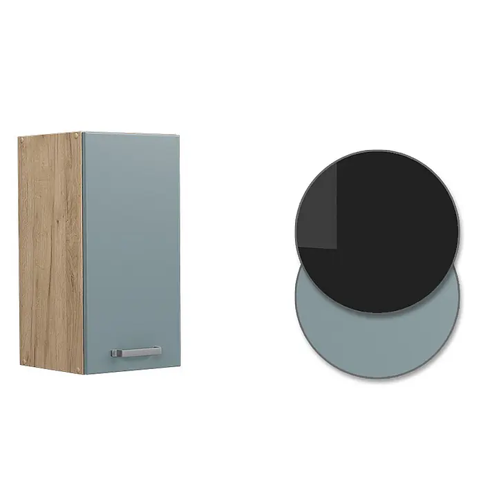 Vicco Schrankküche R-Line Blau-Grau - Blau-Grau, Hängeschrank 30 cm - Zweifarbiger Schrank mit Holzoptik-Seite und blau-grauer Tür, daneben eine Farbpalette in Schwarz und Blau-Grau.