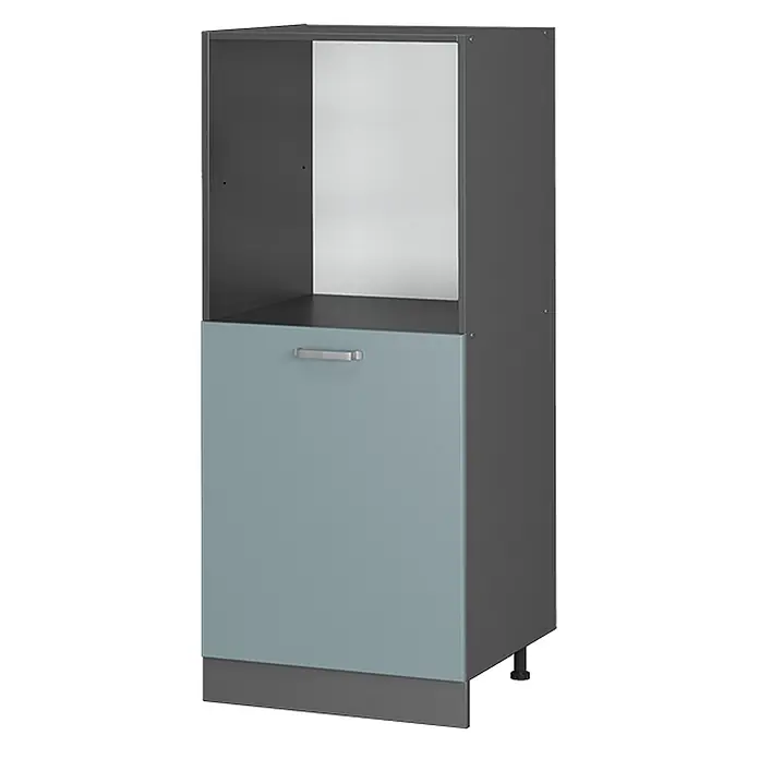 Vicco Schrankküche R-Line Blau-Grau - Blau-Grau, Backofenumbauschrank 60 cm (halb) - Dunkelgrauer Küchenschrank mit hellblau-grauer Tür, silbernem Griff und offenem Fach für ein Gerät.