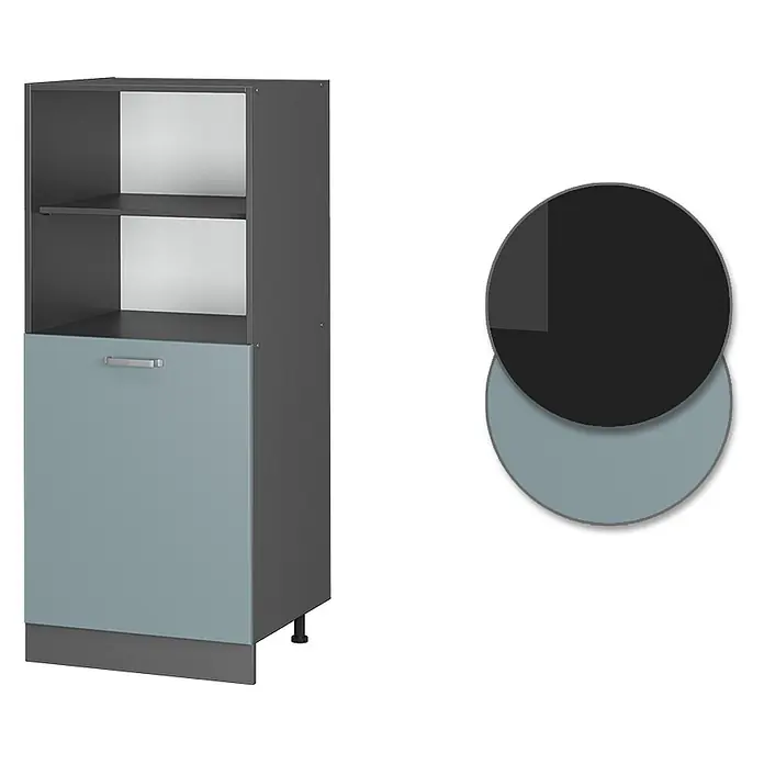 Vicco Schrankküche R-Line Blau-Grau - Blau-Grau, Backofenumbauschrank 60 cm (halb) - Zweifarbiger Schrank mit offenen dunkelgrauen Regalen und hellblauer Tür mit Griff.