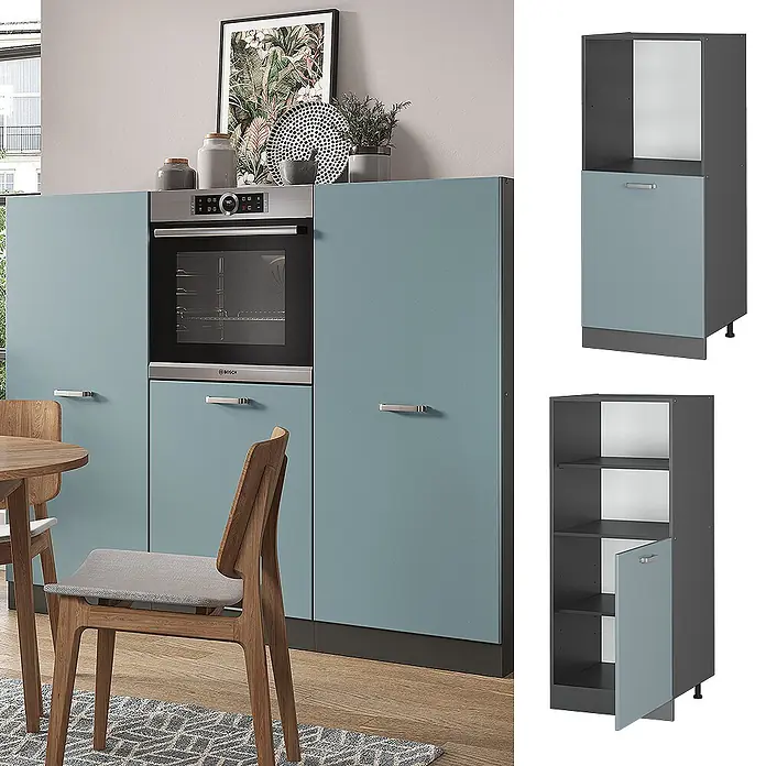 Vicco Schrankküche R-Line Blau-Grau - Blau-Grau, Backofenumbauschrank 60 cm (halb) - Blaugraue und dunkelgraue hohe Küchenschränke mit integriertem Ofen, in Küche und als modulare Einheiten gezeigt.