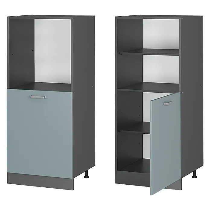 Vicco Schrankküche R-Line Blau-Grau - Blau-Grau, Backofenumbauschrank 60 cm (halb) - Dunkelgrauer Modulschrank mit hellblauen Türen/Fronten, in zwei Konfigurationen mit Regalen und Stauraum.