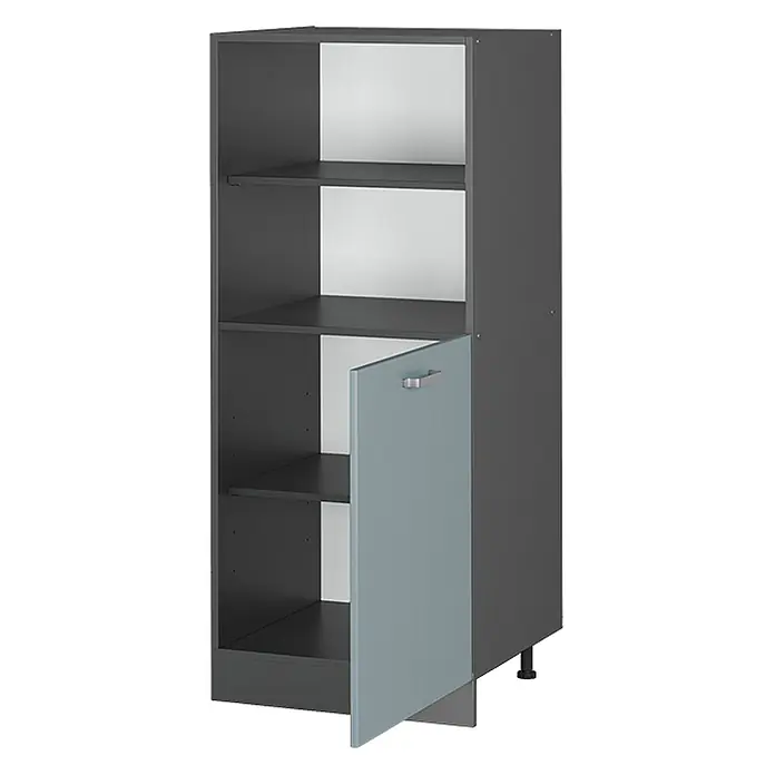 Vicco Schrankküche R-Line Blau-Grau - Blau-Grau, Backofenumbauschrank 60 cm (halb) - Hoher dunkelgrauer Schrank mit heller Rückwand, verstellbaren Böden und einer hellblau-grauen Tür unten rechts mit Griff, auf Füßen stehend.