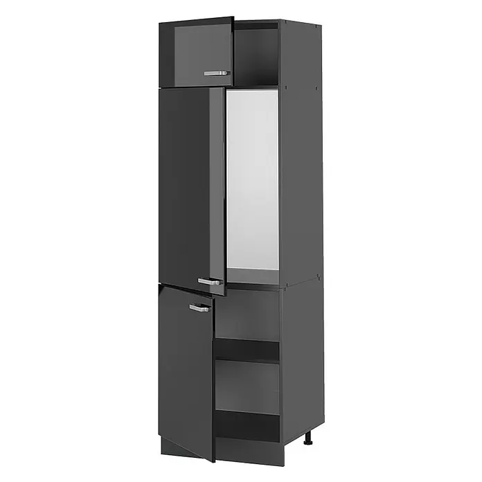 Vicco Schrankküche R-Line Schwarz Hochglanz - Schwarz Hochglanz, Kühlumbauschrank - Hoher, dunkelgrauer/schwarzer Schrank mit glänzenden Türen, offenen Fächern, Spiegelfläche, Metallgriffen und verstellbaren Füßen.