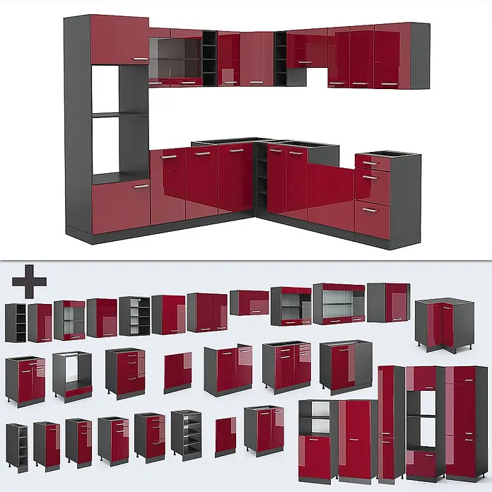 Vicco Eckküche R-Line Rot Hochglanz/Anthrazit, AP Eiche - B x T: 247 x 60 cm, Rot Hochglanz, Ohne Elektrogeräte - Modulares Küchensystem mit glänzend roten Fronten und dunkelgrauen Rahmen, bestehend aus verschiedenen Schränken und Schubladen.