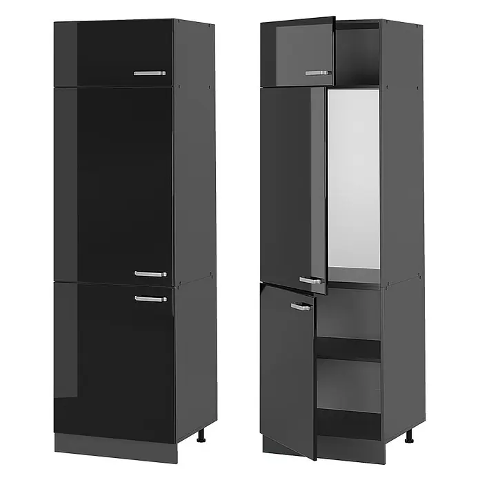 Vicco Schrankküche R-Line Schwarz Hochglanz - Schwarz Hochglanz, Kühlumbauschrank - Hochglänzender schwarzer Hochschrank, geschlossen und geöffnet mit Innenfächern.