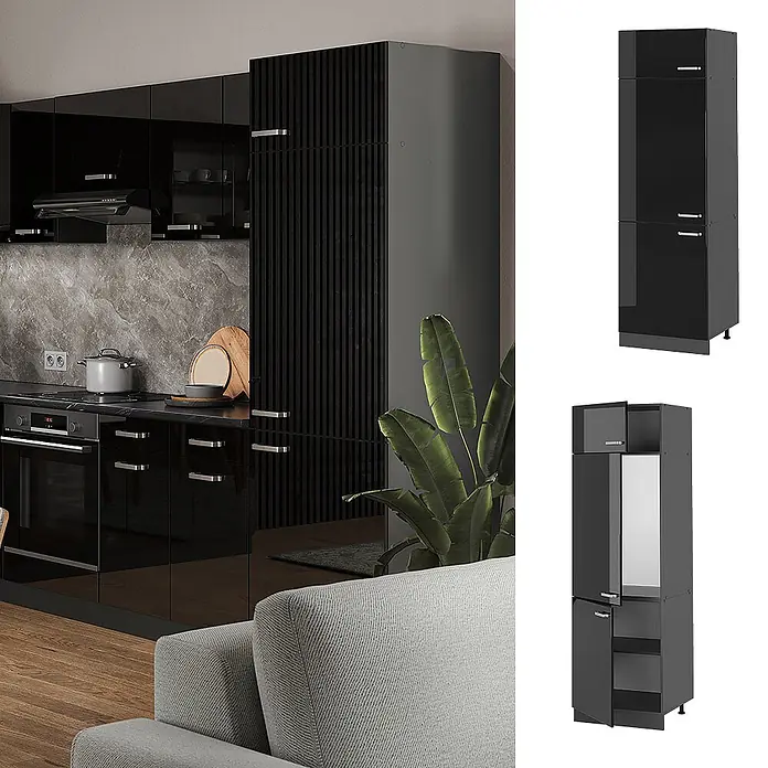 Vicco Schrankküche R-Line Schwarz Hochglanz - Schwarz Hochglanz, Kühlumbauschrank - Moderne schwarze Hochglanz-Küchenschränke mit silbernen Griffen, in einer Küche.