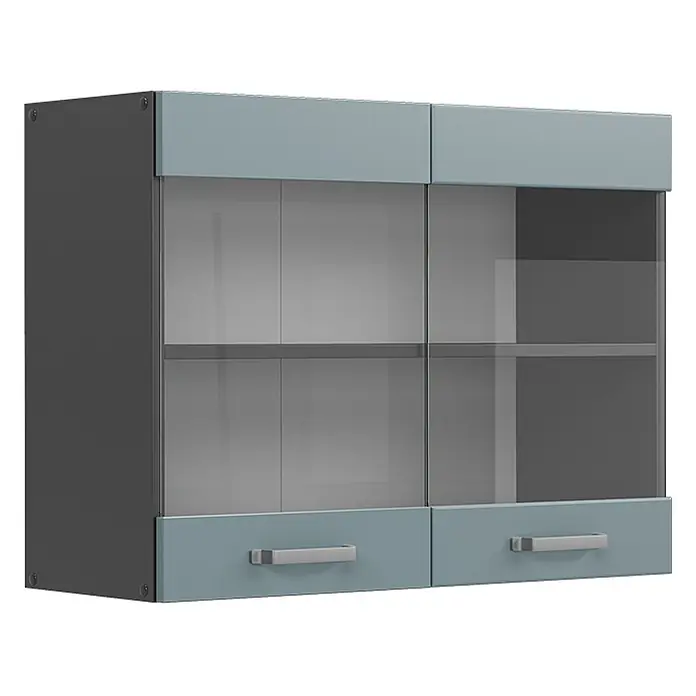 Vicco Schrankküche R-Line Blau-Grau - Blau-Grau, Hängeglasschrank 80 cm - Hellblauer und dunkelgrauer Hängeschrank mit Glastüren und zwei unteren Schubladenfronten, mit silbernen Griffen.