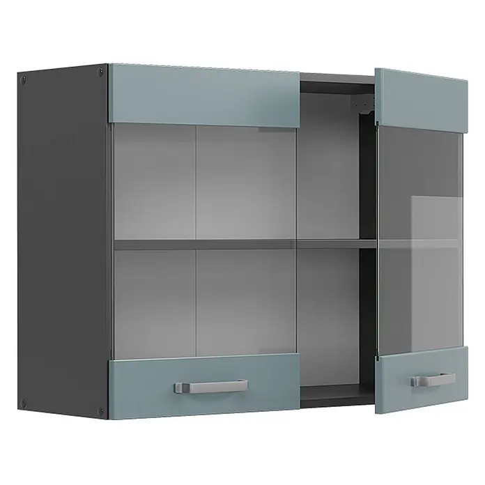 Vicco Schrankküche R-Line Blau-Grau - Blau-Grau, Hängeglasschrank 80 cm - Dunkelgrauer Wandschrank mit hellblau-grauen und gläsernen Türen, teilweise geöffnet, zeigt Innenregale.