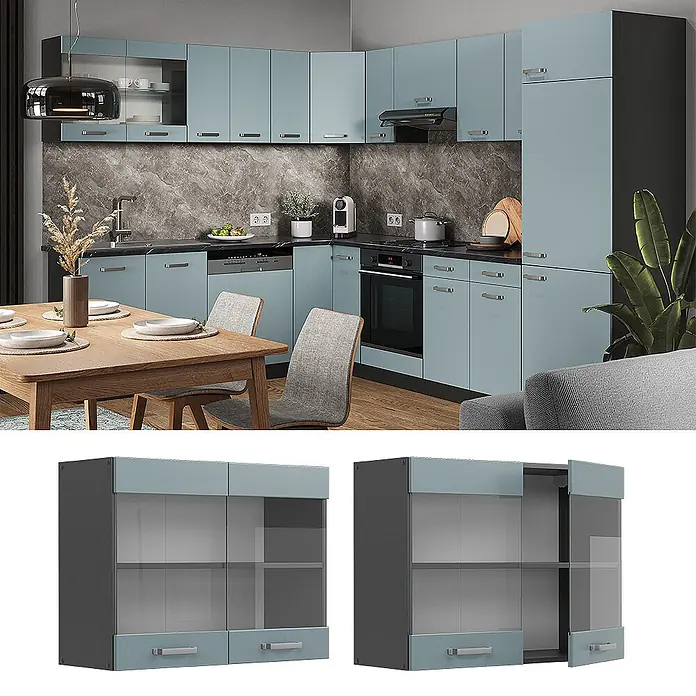 Vicco Schrankküche R-Line Blau-Grau - Blau-Grau, Hängeglasschrank 80 cm - Moderne L-förmige Küche in Blau-Grau mit dunklen Arbeitsplatten und Einbaugeräten. Zeigt Hänge- und Unterschränke, teilweise mit Glastüren.