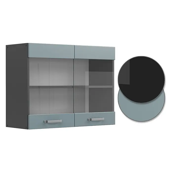 Vicco Schrankküche R-Line Blau-Grau - Blau-Grau, Hängeglasschrank 80 cm - Wandschrank mit dunkelgrauem Korpus, zwei hellblau-grauen Glastüren und zwei passenden Schubladen.