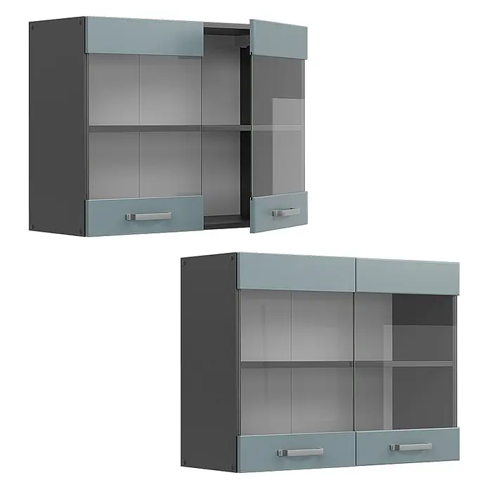 Vicco Schrankküche R-Line Blau-Grau - Blau-Grau, Hängeglasschrank 80 cm - Zwei moderne Hängeschränke, dunkelgrau mit hellblau-grauen Paneelen, Glaseinsätzen und silbernen Griffen.