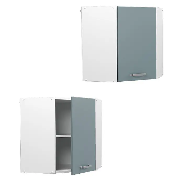 Vicco Schrankküche R-Line Blau-Grau - Blau-Grau, Eckhängeschrank 57 cm - Weißer Wandeckschrank mit blau-grauer Tür, geschlossen und offen mit Regalen gezeigt.
