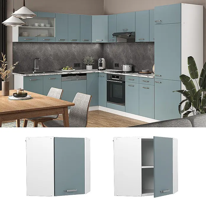 Vicco Schrankküche R-Line Blau-Grau - Blau-Grau, Eckhängeschrank 57 cm - L-förmige Küche mit blau-grauen und weißen Modulschränken, dunkler Arbeitsplatte und integrierten Geräten.