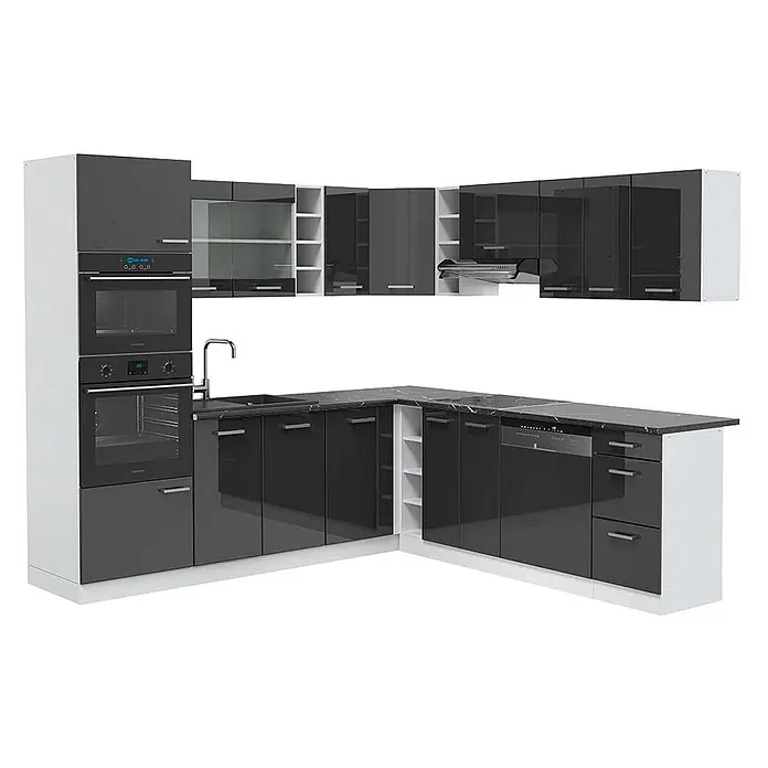 Vicco Eckküche R-Line Anthrazit Hochglanz/Weiß, AP Anthrazit - B x T: 247 x 60 cm, Anthrazit Hochglanz, Ohne Elektrogeräte - Moderne L-förmige Küche in Hochglanz Dunkelgrau mit weißen Rahmen, integrierten Backöfen, Spüle, Geschirrspüler und dunkler Marmor-Arbeitsplatte.