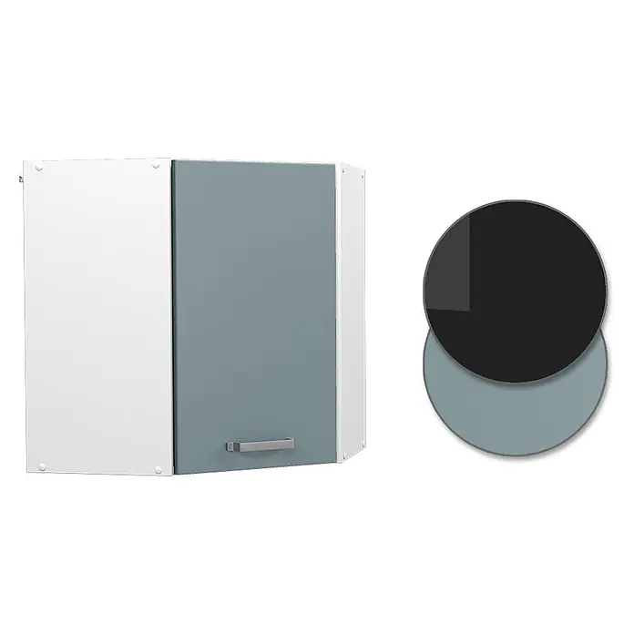 Vicco Schrankküche R-Line Blau-Grau - Blau-Grau, Eckhängeschrank 57 cm - Zweifarbiger Eck-Oberschrank mit einer weißen und einer hellblau-grauen Tür, gezeigt mit passenden Farbmustern.