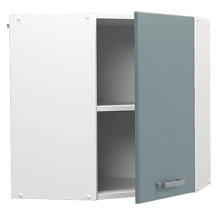 Vicco Schrankküche R-Line Blau-Grau - Blau-Grau, Eckhängeschrank 57 cm - Weißer und blau-grüner Eck-Hängeschrank mit einer geöffneten Tür, die zwei Einlegeböden und einen Griff zeigt.