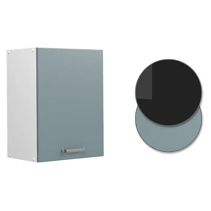 Vicco Schrankküche R-Line Blau-Grau - Blau-Grau, Hängeschrank 45 cm - Wandschrank mit weißem Korpus, blaugrauer Tür, Metallgriff und Farbmuster.