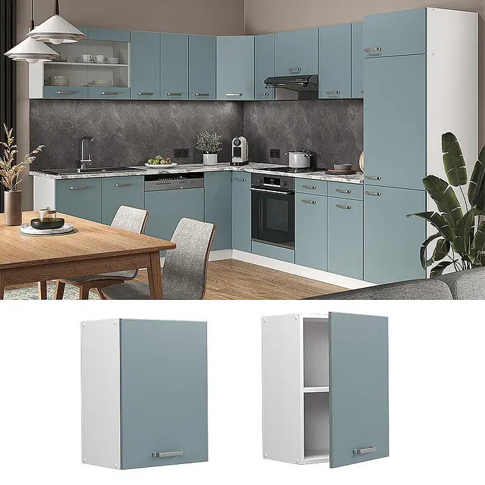 Vicco Schrankküche R-Line Blau-Grau - Blau-Grau, Hängeschrank 45 cm - Modularer Küchenschrank mit petrolblauer Tür und weißem Rahmen, geschlossen und offen gezeigt.