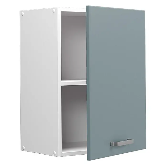 Vicco Schrankküche R-Line Blau-Grau - Blau-Grau, Hängeschrank 45 cm - Weißer Hängeschrank mit leicht geöffneter hellblauer Tür und einem Innenregal.