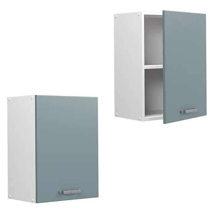 Vicco Schrankküche R-Line Blau-Grau - Blau-Grau, Hängeschrank 45 cm - Zwei weiße Hängeschränke mit blau-grauen Türen und silbernen Griffen; einer ist offen mit Regalböden.
