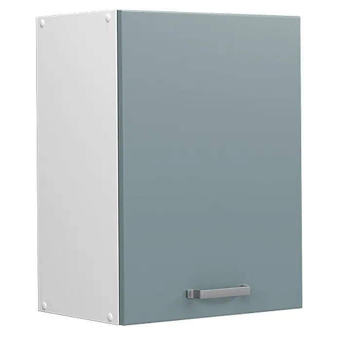 Vicco Schrankküche R-Line Blau-Grau - Blau-Grau, Hängeschrank 45 cm - Weißer Wandschrank mit hellblau-grauer Tür und silbernem Griff.