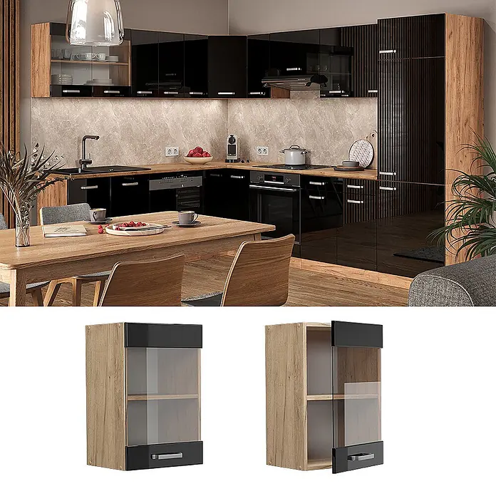 Vicco Schrankküche R-Line Schwarz Hochglanz - Schwarz Hochglanz, Hängeglasschrank 40 cm - Moderne schwarze Hochglanzküche mit Holzakzenten, integrierten Geräten und einem Essbereich.