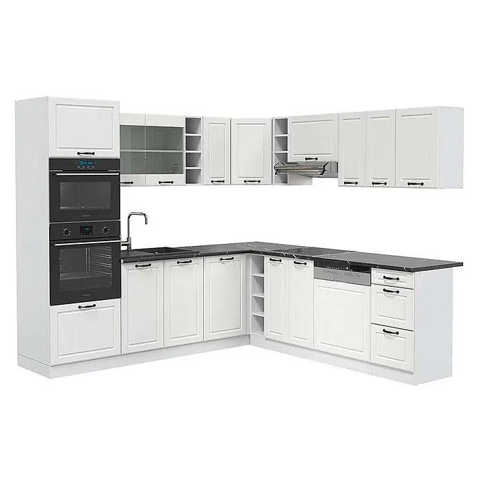 Vicco Eckküche R-Line Weiß Landhaus/Weiß, AP Anthrazit - B x T: 247 x 60 cm, Weiß Landhaus, Ohne Elektrogeräte - Weiße L-förmige Küchenschrank-Garnitur mit schwarzen Arbeitsplatten und eingebauten schwarzen Öfen, Mikrowelle und Geschirrspüler.