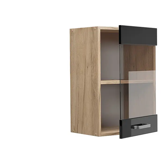 Vicco Schrankküche R-Line Schwarz Hochglanz - Schwarz Hochglanz, Hängeglasschrank 40 cm - Hängeschrank aus Holz mit schwarzer und Glastür, inklusive silbernem Griff.