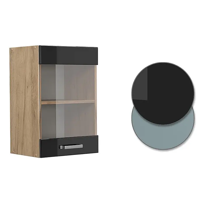 Vicco Schrankküche R-Line Schwarz Hochglanz - Schwarz Hochglanz, Hängeglasschrank 40 cm - Wandschrank: heller Holz-Effekt, schwarze glänzende Paneele, Glastür, silberner Griff.