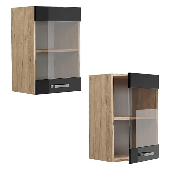 Vicco Schrankküche R-Line Schwarz Hochglanz - Schwarz Hochglanz, Hängeglasschrank 40 cm - Hängeschrank in Eichenoptik mit schwarzen Paneelen und Glastür, geschlossen und leicht geöffnet.