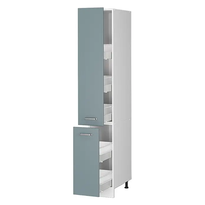 Vicco Schrankküche R-Line Blau-Grau - Blau-Grau, Apothekerhochschrank 30 cm - Hoher Küchenschrank mit hellgrauem Korpus und zwei blaugrauen Türen, die ausziehbare Regale offenbaren.