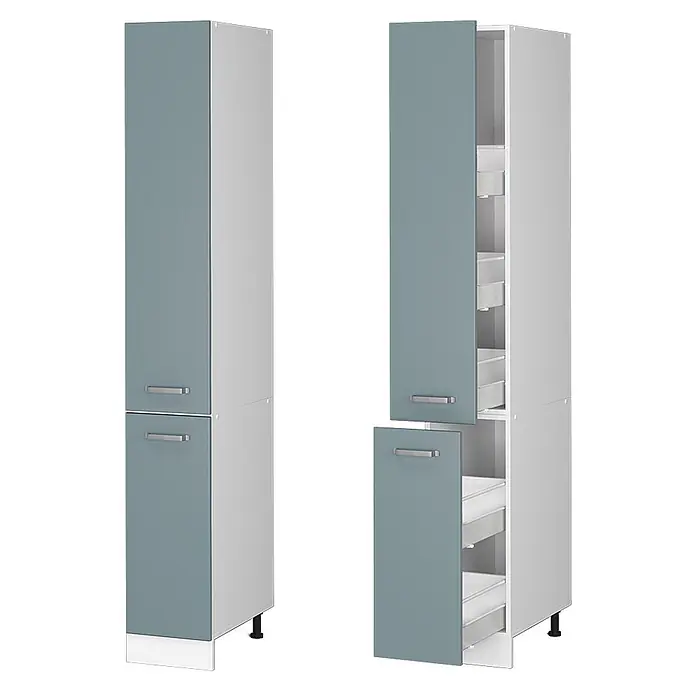 Vicco Schrankküche R-Line Blau-Grau - Blau-Grau, Apothekerhochschrank 30 cm - Hoher, schmaler Schrank in Petrol und Weiß mit Auszügen, geschlossen und offen dargestellt.